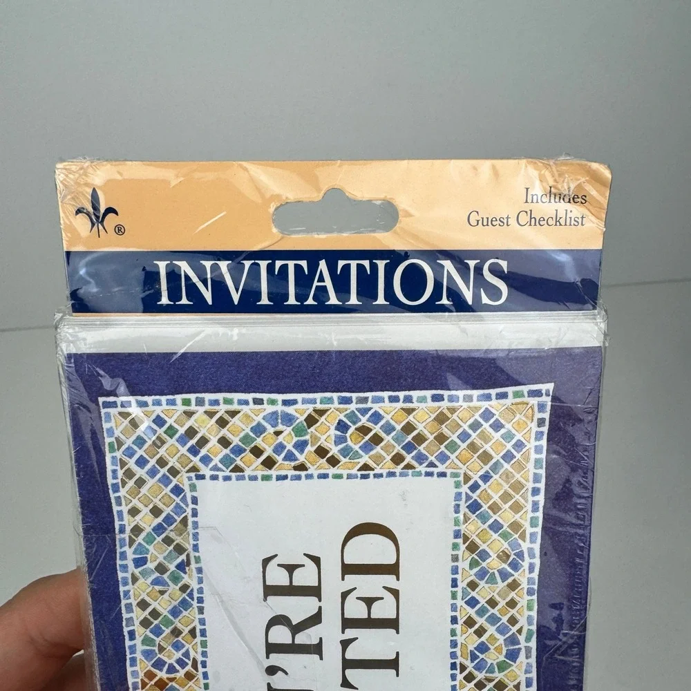 Gibson Vtg Pack of 8 Navy Blue You're Invited Mosaic Style Gold Metallic Accents